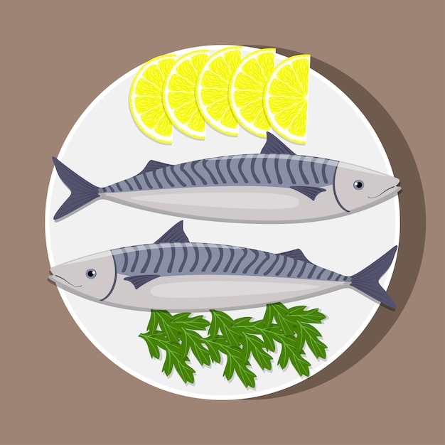 Plik wektorowy ryby na białym talerzu z cytryną i ziołami gotowanie makreli płaskie ilustracji wektorowych