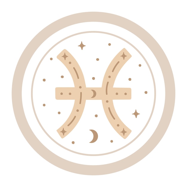 Ryby Zodiaku Symbol Wektor, Ręcznie Rysowane Znak Horoskop. Zdobiona Ikona Astrologiczna