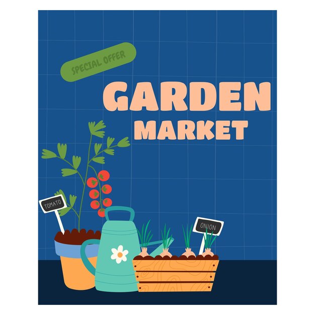 Plik wektorowy rynek ogrodowy z plakatem świeżych pomidorów i cebuli