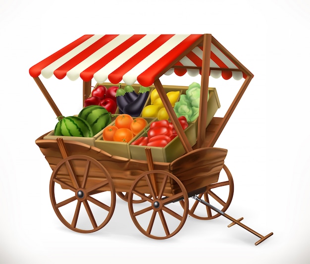 Rynek świeżych Produktów. Wózek Z Owocami I Warzywami,