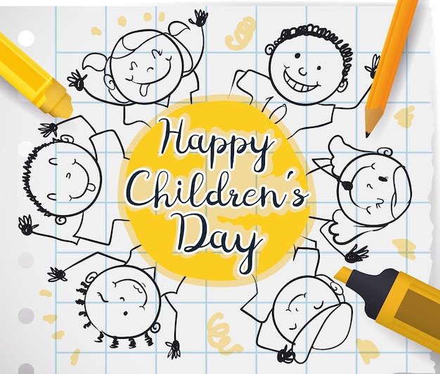 Plik wektorowy rysowanie dzieci i przybory szkolne z okazji dnia dziecka