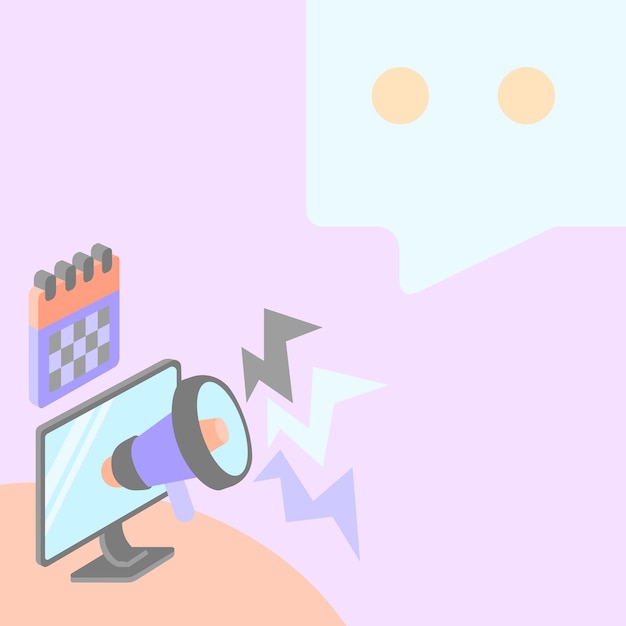 Rysowanie Ekranu Monitora Z Megafonem Produkującym Oświetlenie Do Wiadomości. Rysunek Ekranu Komputera W Tym Bullhorn Dokonywanie Grzmotu Przez Chat Box.