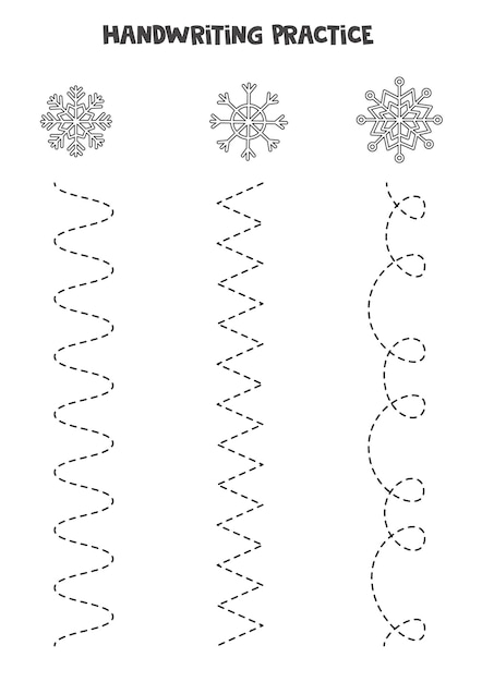 Plik wektorowy rysowanie linii dla dzieci z uroczymi czarno-białymi płatkami śniegu. ćwiczenia pisma ręcznego dla dzieci.
