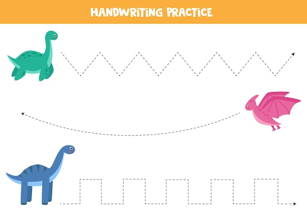Plik wektorowy rysowanie linii z uroczymi dinozaurami. ćwiczenia pisma ręcznego dla dzieci.