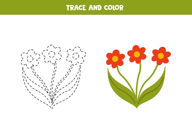 Rysowanie Po śladzie I Kolorowanie Czerwonych Kwiatów Karta Pracy Dla Dzieci