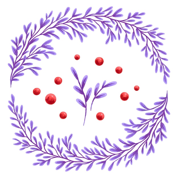 Plik wektorowy rysowanie wieńca z fioletowych gałązek i czerwonych jagód