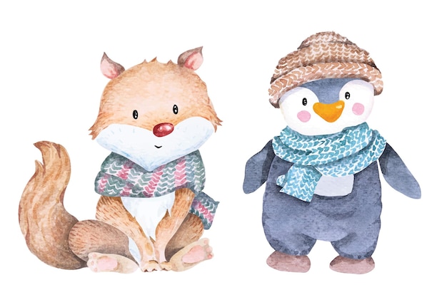 Rysowany Pingwin Lis W Kapeluszu I Chustce Dla Zimy, Nowego Roku I Bożego Narodzenia Urocze Zwierzęta