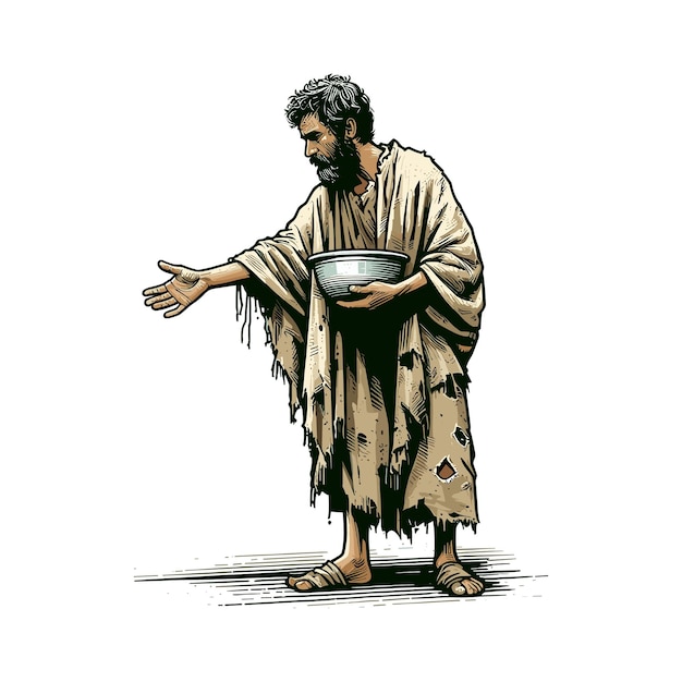 Plik wektorowy rysunek człowieka z miską w ręku ilustracja wektorowa biednego człowieka w stylu kreskówki stojącego