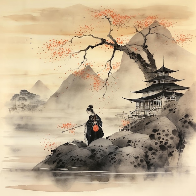 Rysunek Japońskiej Pagody Z Mężczyzną W Kimono Na Jej Szczycie