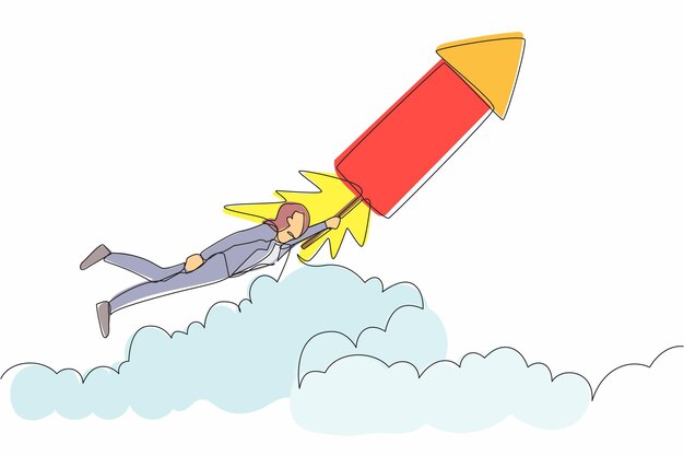Plik wektorowy rysunek jednej linii bizneswoman latać na rakiety fajerwerkowe na możliwości biznesowe wektor