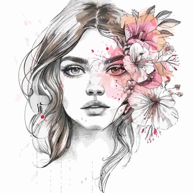 Plik wektorowy rysunek kobiety z kwiatami w włosach