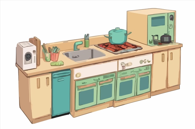 Plik wektorowy rysunek kuchni z umywalką i kuchenką