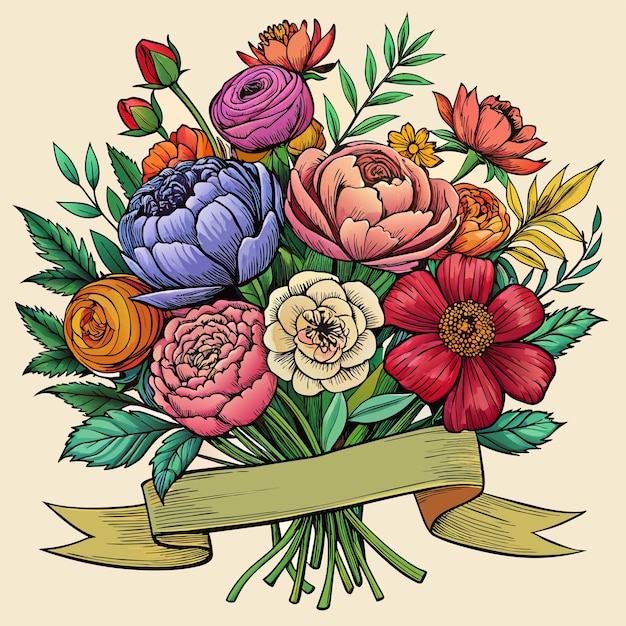Plik wektorowy rysunek kwiatów z wstążką z napisem 