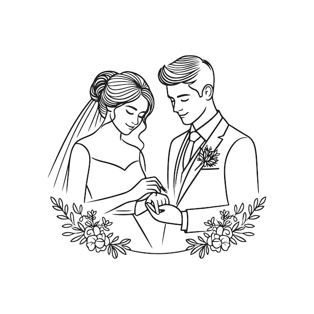 Plik wektorowy rysunek linii romantyczna para ślubna jedna linia sztuka miłości ilustracja wektorowa