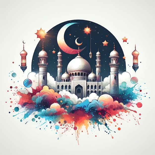 rysunek meczetu z księżycem i gwiazdami na nim