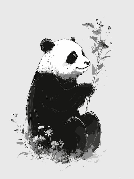 Plik wektorowy rysunek pandy z kwiatami na tle