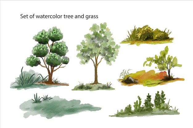 Plik wektorowy rysunek przedstawiający akwarelowe drzewo i trawę