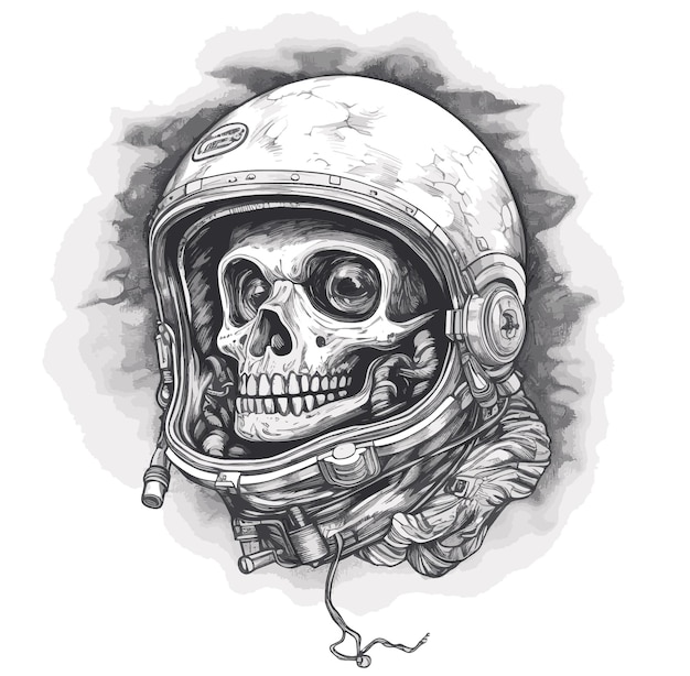 Rysunek przedstawiający czaszkę w skafandrze kosmicznym z czarno-białą twarzą.