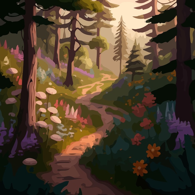 Rysunek przedstawiający ścieżkę w lesie, na której świeci słońce.