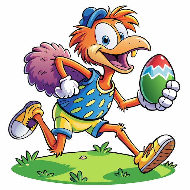 Plik wektorowy rysunek ptaka w niebieskim stroju i postać z kreskówki trzymająca jajko wielkanocne