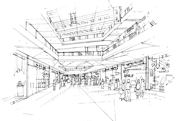 Wektor rysunek szkicu centrum handlowegosklepy z modą i ludzie chodząnowoczesny designvector2d illustration