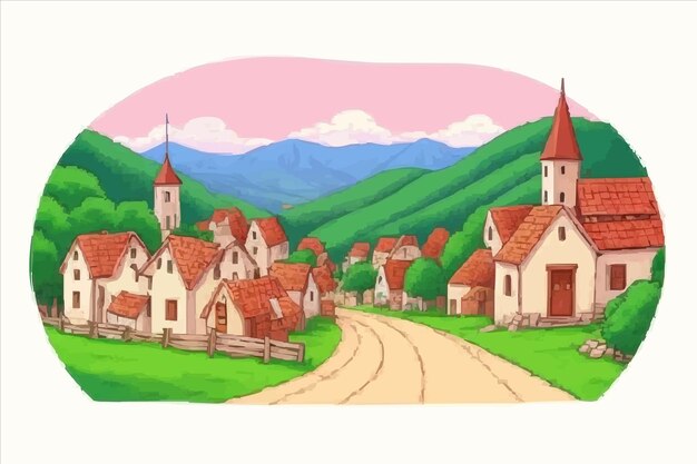 Plik wektorowy rysunek wioski z górami na tle