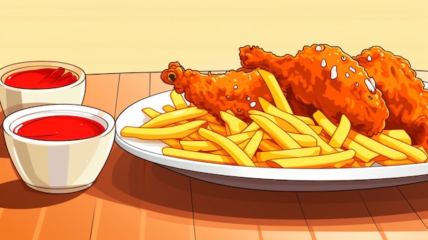 Plik wektorowy rysunek z frytkami i frytkami z miską ketchupu