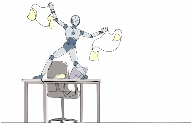 Rysunek z jedną linią szczęśliwy robot tańczący na biurku świętujący zwycięstwo rzucając ilustracją papieru