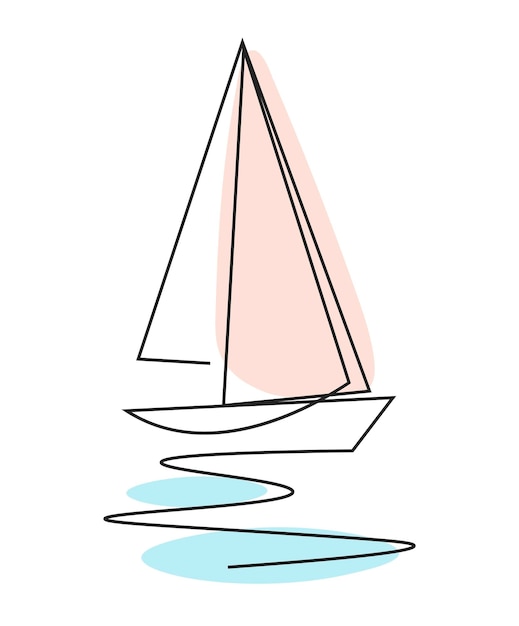 Plik wektorowy rysunek z jedną linią z dodatkiem kolorów łódź żaglowa pływająca na wodzie artystyka ciągłej linii rysunek konturowy łodzi żaglowej w jednej linii minimalistyczna abstrakcyjna ilustracja z jedną linią