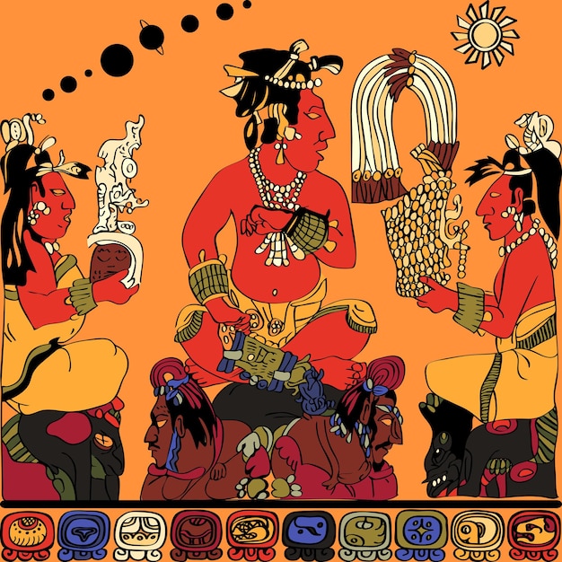 Rysunek Z Panelu Bogów W Palenque, Kolorowy Szkic Najwyższego Władcy Kapłanów I Hieroglifów Majów