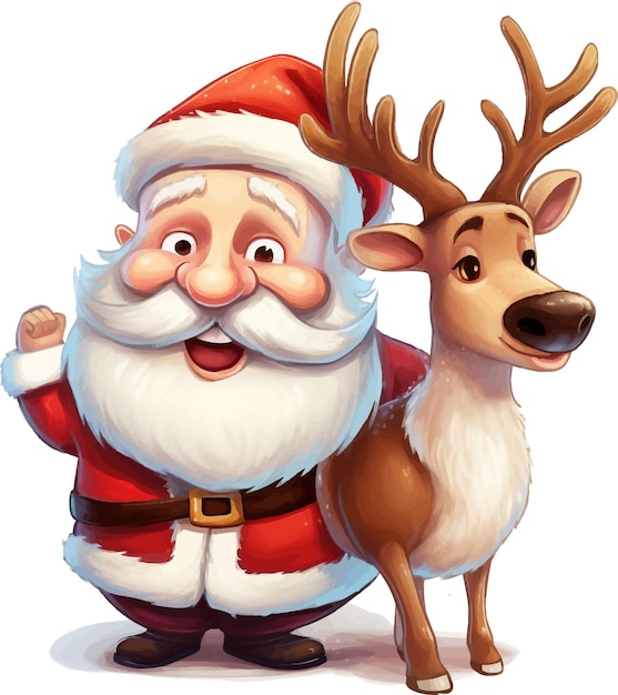 rysunek zabawnego Świętego Mikołaja uśmiechającego się z reniferami