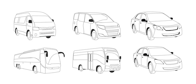 Rysunki Carline wektor zestaw autobusu, sedana, minibusa, mikro, mini mikro ręcznie rysowane samochodu