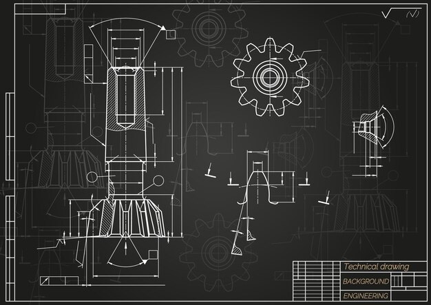 Plik wektorowy rysunki inżynierii mechanicznej na czarnym tle narzędzia klawiszowe borer projekt techniczny okładka blueprint ilustracja wektorowa