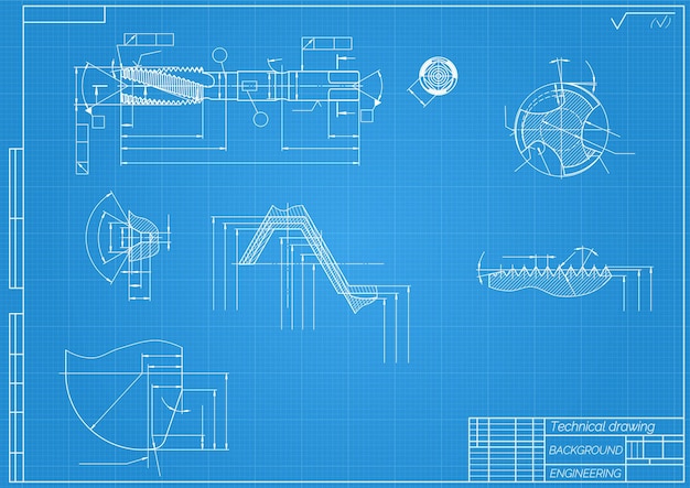 Rysunki inżynierii mechanicznej na niebieskim tle Narzędzia kranowe Świder Projekt techniczny Plan okładki Ilustracja wektorowa