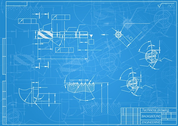 Rysunki inżynierii mechanicznej na niebieskim tle Narzędzia kranowe Świder Projekt techniczny Plan okładki Ilustracja wektorowa