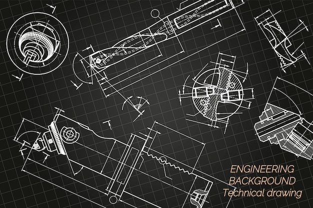 Rysunki inżynierii mechanicznej na niebieskim tle Narzędzia wiertnicze Borer Nudny pasek z regulacją mikrometryczną Broach Technical Design Cover Blueprint Vector illustration