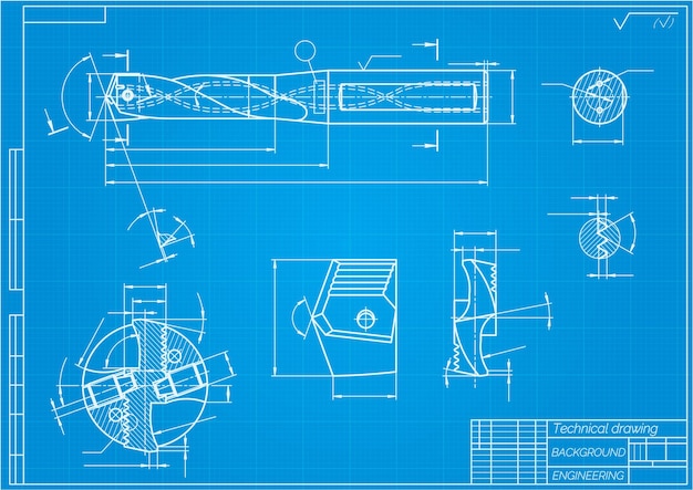 Rysunki Inżynierii Mechanicznej Na Niebieskim Tle. Narzędzia Wiertnicze, świder. Projekt Techniczny. Pokrywa. Projekt. Ilustracja Wektorowa.