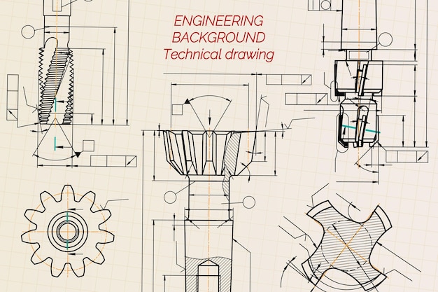 Rysunki Inżynierii Mechanicznej Na Tle Sepii Dotknij Narzędzi świder Projekt Techniczny Okładka Blueprint Ilustracji Wektorowych