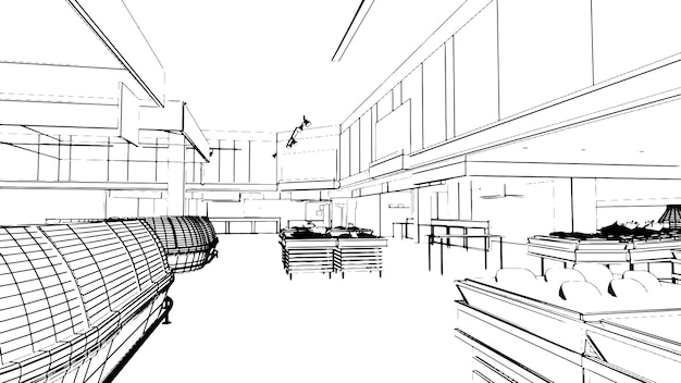 Rysunki supermarketów sprzedających różne artykuły spożywcze3d rendering