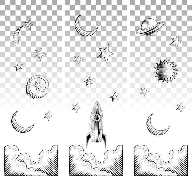 Plik wektorowy rysunki tuszem w stylu scratchboard przedstawiające elementy nieba