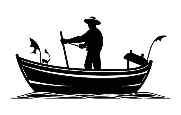 Rzeczna łódź Rybacka I Rybakrybak W łódce Sylwetkafisherman Boat Icon Logo