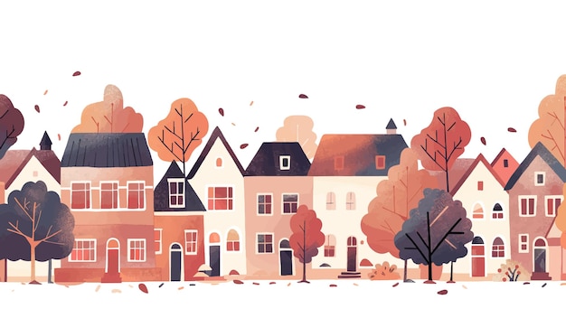 Plik wektorowy rzęd domów z jesienią liści na ulicy miejskiej