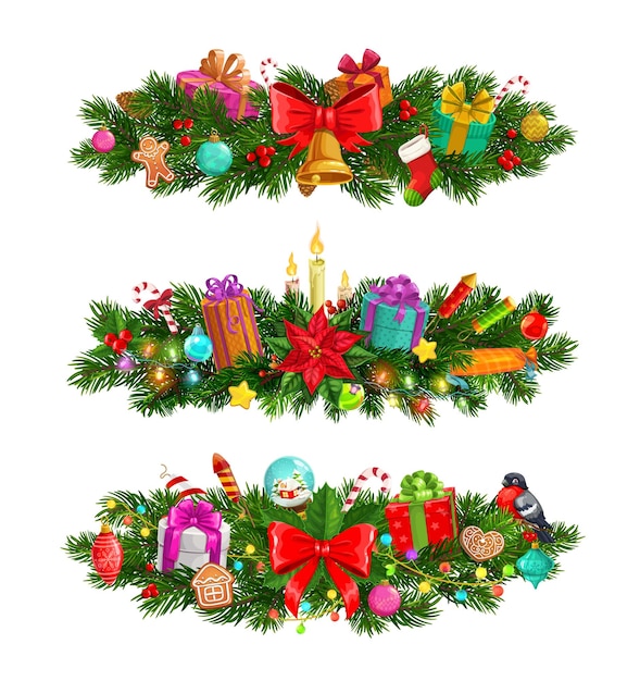 Plik wektorowy rzędy drzew bożonarodzeniowych ozdobione świecami xmas baubles wstążki poinsettia zabawki słodycze i prezenty izolowane wektory wiecznie zielone igły sosnowe ułożone w stosy dekoracyjne gałęzie świąteczne