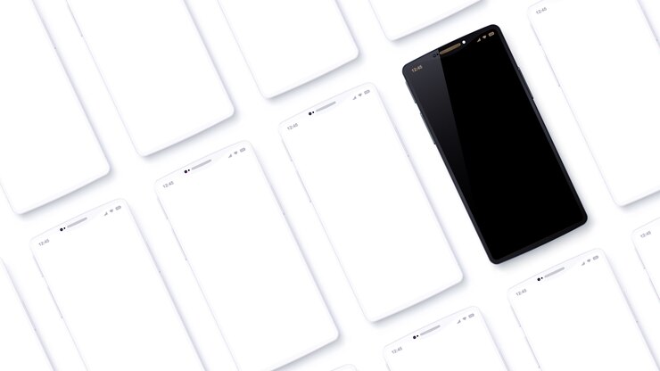 Wektor rzędy telefonów komórkowych są ustawione pod kątem do punktu widzenia. zestaw wymyślonych smartfonów. czarny telefon komórkowy wygląda wyjątkowo wśród zwykłych białych urządzeń. kątowy widok z góry