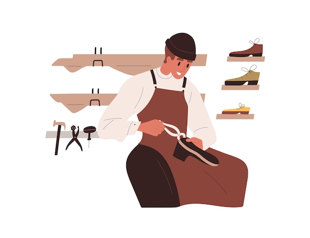 Rzemieślnik podczas procesu produkcji obuwia. Szewc naprawiający buty. Szewc w fartuchu w pracy, produkujący ręcznie robione obuwie. Płaski graficzny wektor ilustracja rzemieślnika na białym tle