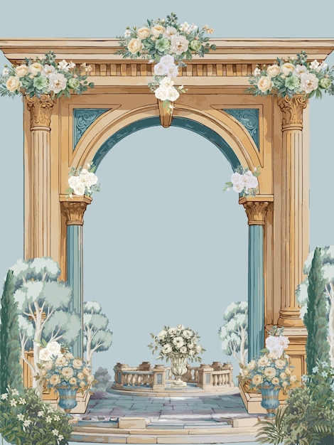 Rzymski łuk architektoniczny z białymi kwiatami Średniowieczna katedra ilustracja na tło ślubne