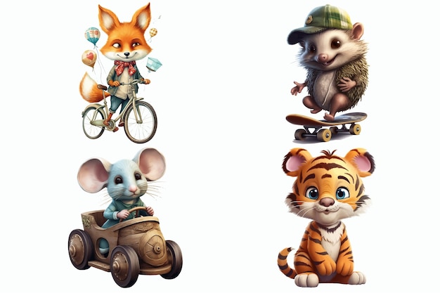 Safari Animal zestaw myszy w drewnianym samochodzie lis na rowerze jeż na deskorolce w stylu 3d Ilustracja wektora izolowanego