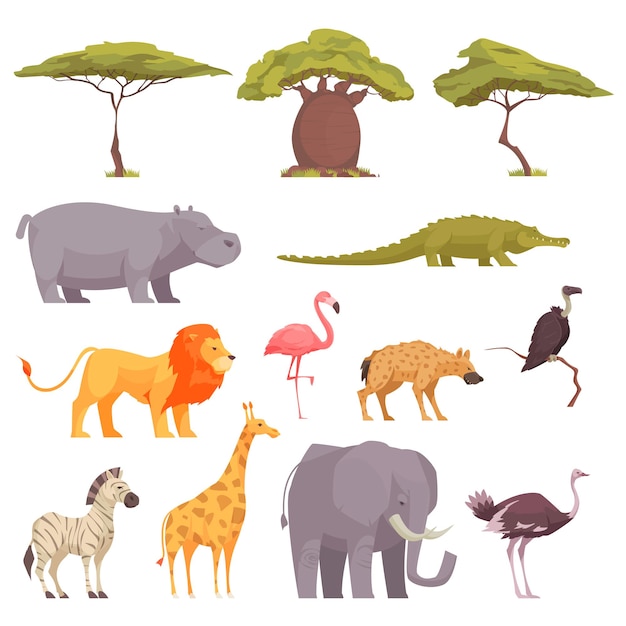 Safari Dzikie Zwierzęta Ptaki Drzewa Płaskie Ikony Kolekcja Z Baobabu Akacja Krokodyl Zebra Flamingo Lew Ilustracji Wektorowych