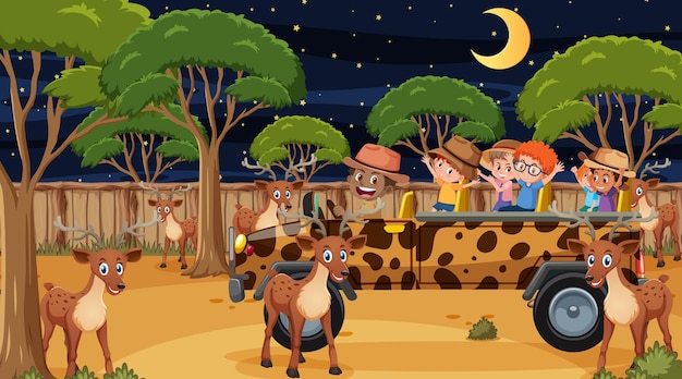 Safari Nocą Z Wieloma Dziećmi Obserwującymi Grupę Jeleni