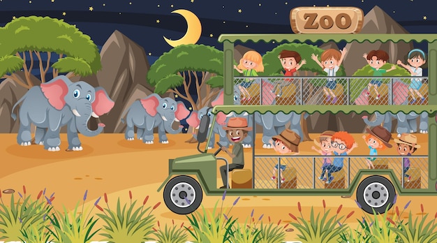 Safari Nocą Z Wieloma Dziećmi Obserwującymi Grupę Słoni